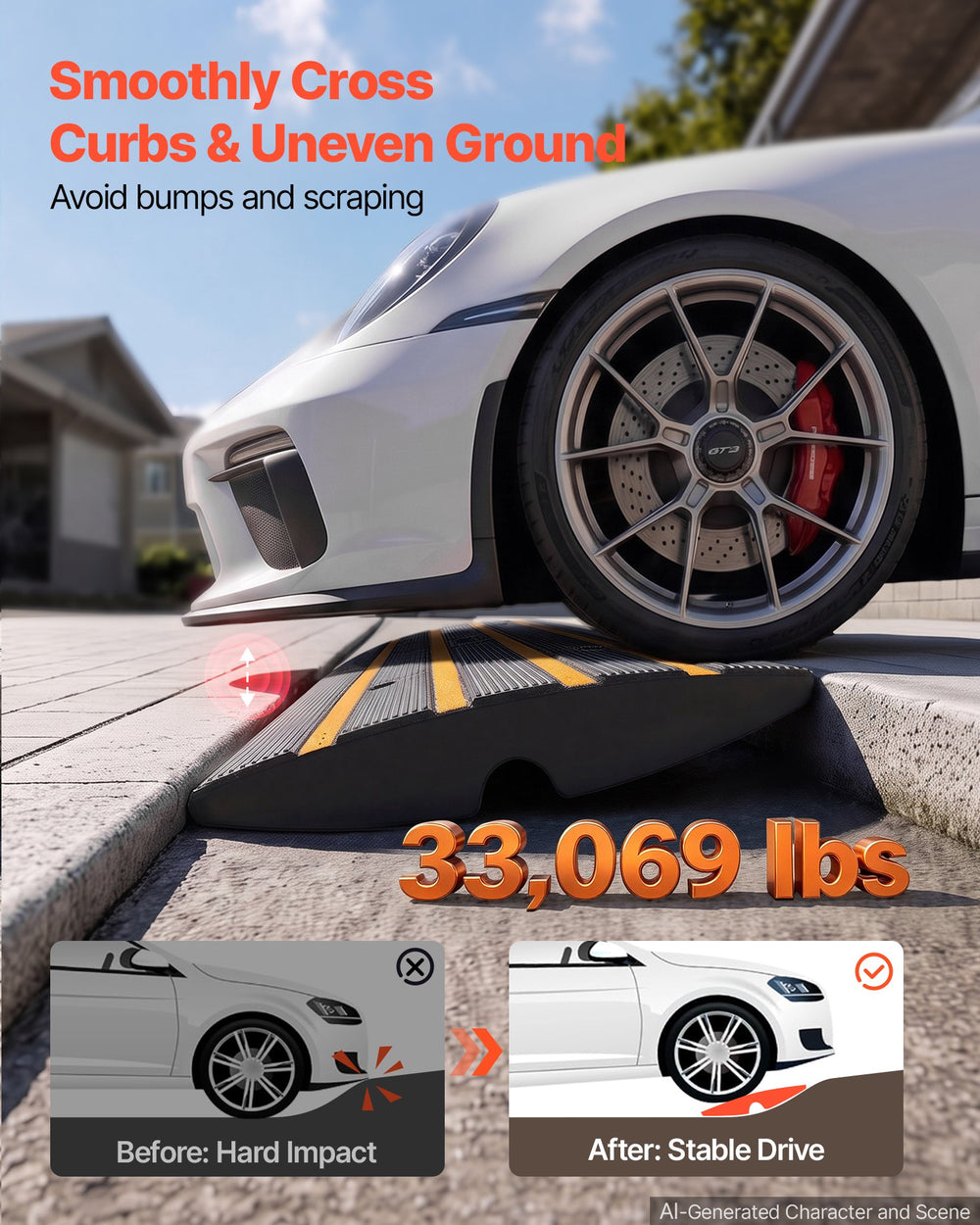 VEVOR Curb Ramp Rubber Driveway Ramp 3 Pack 2.6" Rise 15T Load Threshold Ramp