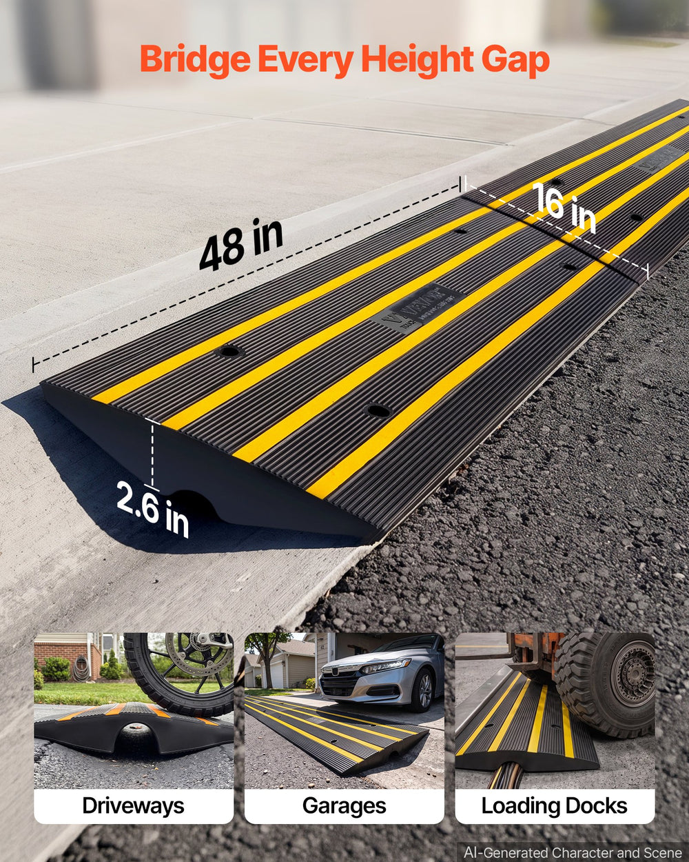 VEVOR Curb Ramp Rubber Driveway Ramp 3 Pack 2.6" Rise 15T Load Threshold Ramp