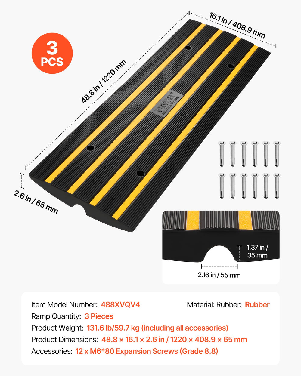 VEVOR Curb Ramp Rubber Driveway Ramp 3 Pack 2.6" Rise 15T Load Threshold Ramp