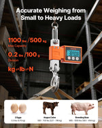 VEVOR Digital Crane Scale, 1100 lbs/500 kg Max Capacity, Heavy Duty Industrial Hanging Scale with Cast Aluminum Case & LCD Display, 100 g Division & 3 Unit Switch, Auto-Off Setting for Garage