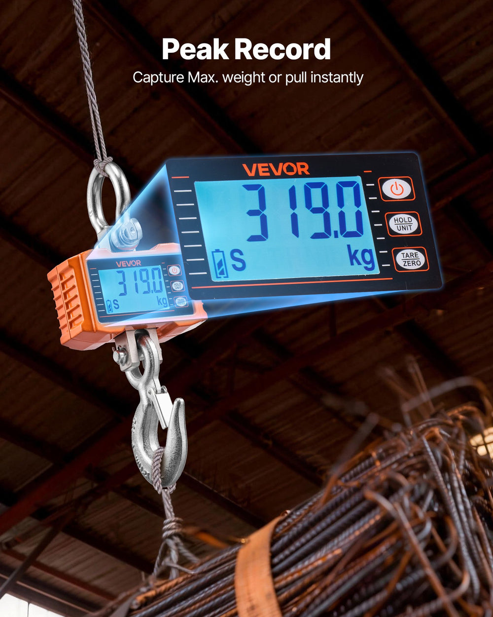VEVOR Digital Crane Scale, 4400 lbs/2000 kg Max Capacity, Heavy Duty Industrial Hanging Scale with Cast Aluminum Case & LCD Display, 500 g Division & 3 Unit Switch, Remote Control for Garage Factory