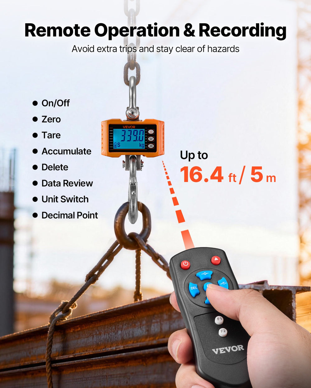 VEVOR Digital Crane Scale, 4400 lbs/2000 kg Max Capacity, Heavy Duty Industrial Hanging Scale with Cast Aluminum Case & LCD Display, 500 g Division & 3 Unit Switch, Remote Control for Garage Factory