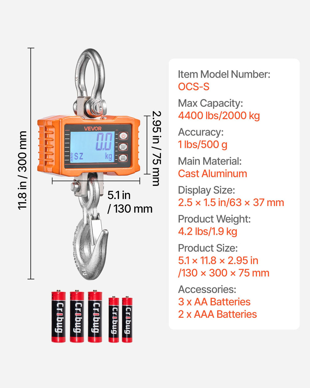 VEVOR Digital Crane Scale, 4400 lbs/2000 kg Max Capacity, Heavy Duty Industrial Hanging Scale with Cast Aluminum Case & LCD Display, 500 g Division & 3 Unit Switch, Remote Control for Garage Factory