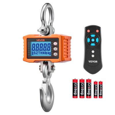 VEVOR Digital Crane Scale, 4400 lbs/2000 kg Max Capacity, Heavy Duty Industrial Hanging Scale with Cast Aluminum Case & LCD Display, 500 g Division & 3 Unit Switch, Remote Control for Garage Factory
