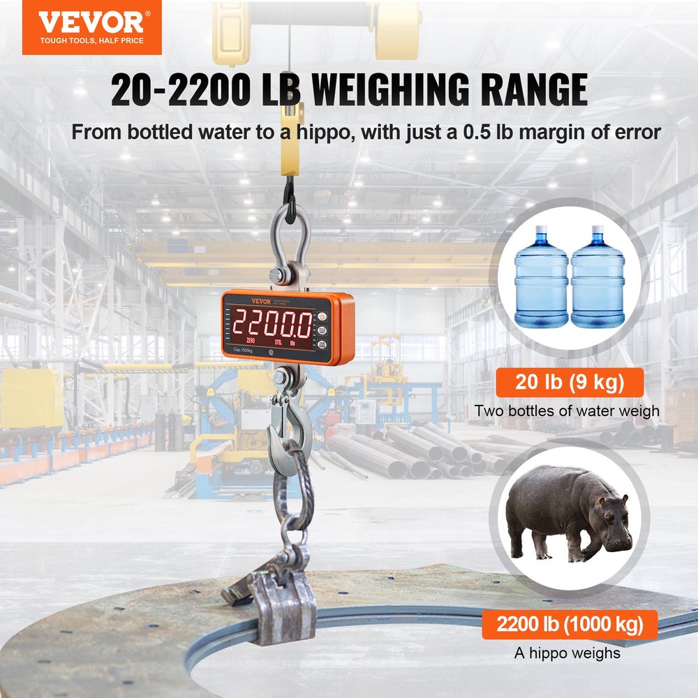 VEVOR Digital Crane Scale, 2200 lbs/1000 kg, Industrial Heavy Duty Hanging Scale with Remote Control, Cast Aluminum Case &amp; LED Screen, High Precision for Construction, Factory, Farm, Hunting (Orange)