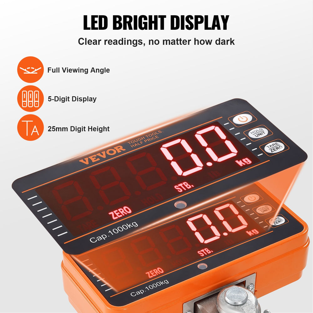 VEVOR Digital Crane Scale, 2200 lbs/1000 kg, Industrial Heavy Duty Hanging Scale with Remote Control, Cast Aluminum Case &amp; LED Screen, High Precision for Construction, Factory, Farm, Hunting (Orange)