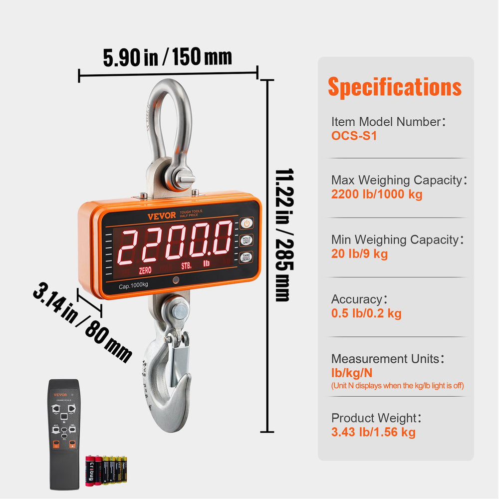 VEVOR Digital Crane Scale, 2200 lbs/1000 kg, Industrial Heavy Duty Hanging Scale with Remote Control, Cast Aluminum Case &amp; LED Screen, High Precision for Construction, Factory, Farm, Hunting (Orange)