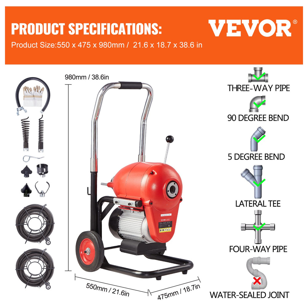 VEVOR Drain Cleaner Machine 3657.6 cm x 1.52 cm 1100W Sectional Snake Auger Manual Feed