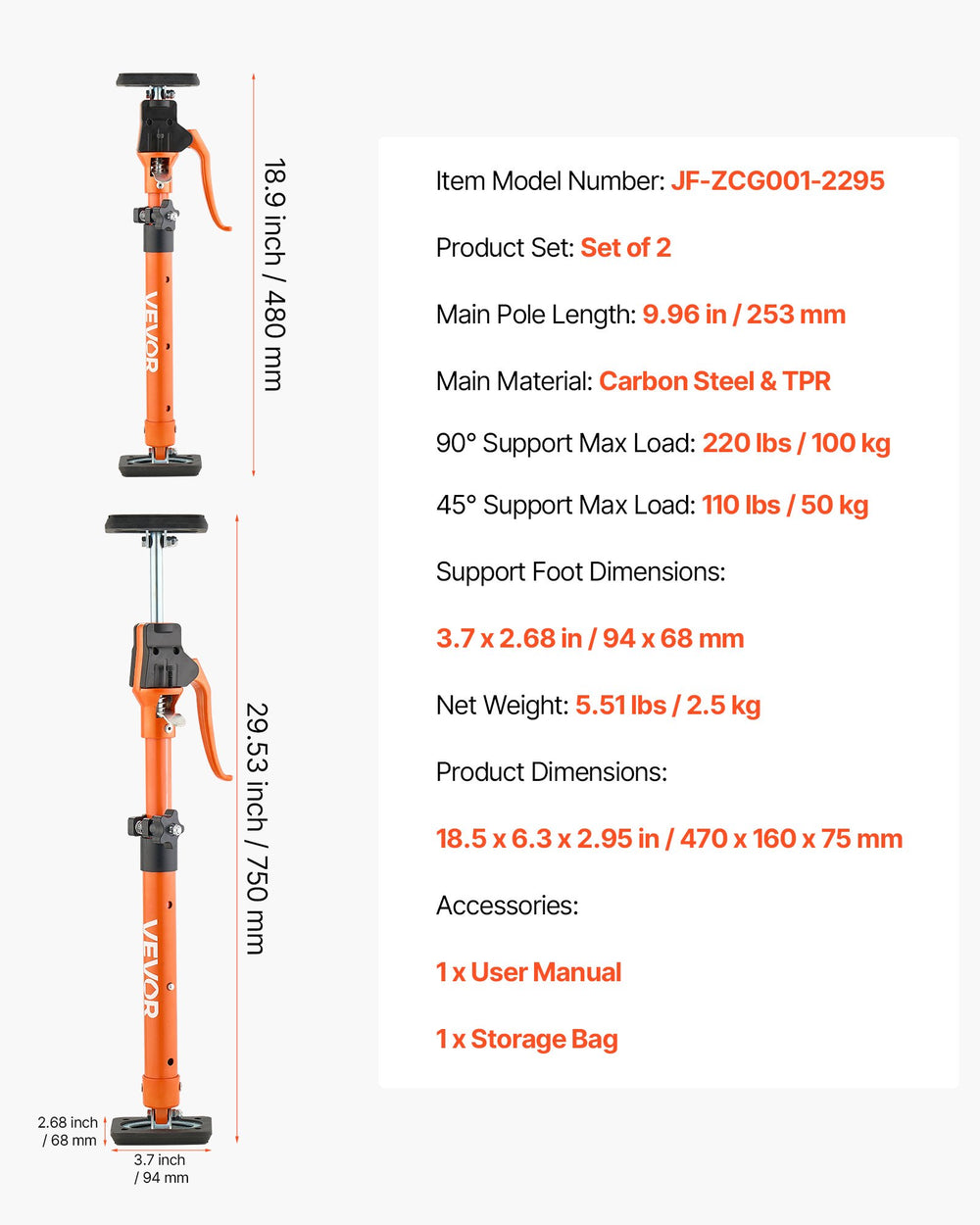 VEVOR Cabinet Jack Support Pole, 2-Pack, 48-75 cm Steel Telescopic Quick Support Rod, Adjustable 3rd Hand System up to 100 kg Capacity for Installing Cabinets, Lifting Drywall, Cargo Bars
