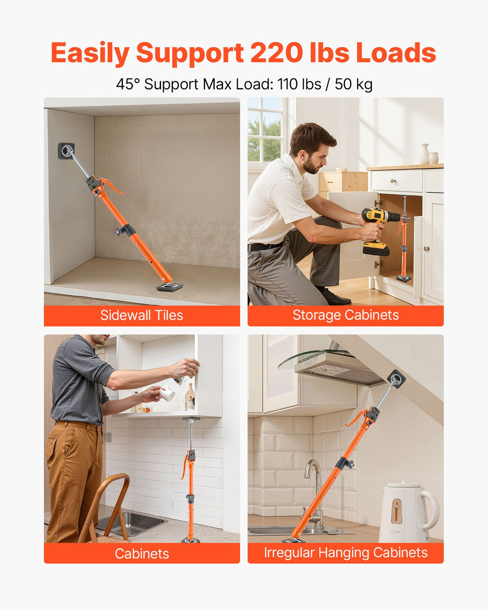 VEVOR Cabinet Jack Support Pole, 2-Pack, 64.5-115 cm Steel Telescopic Quick Support Rod, Adjustable 3rd Hand System up to 100 kg Capacity for Installing Cabinets, Lifting Drywall, Cargo Bars