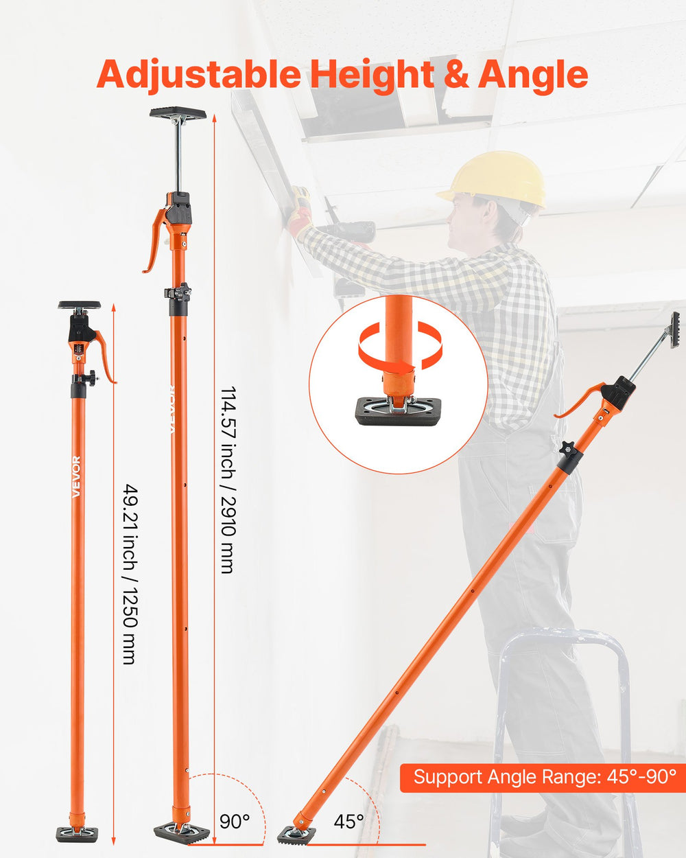 VEVOR Cabinet Jack Support Pole, 2-Pack, 125-291 cm Steel Telescopic Quick Support Rod, Adjustable 3rd Hand System up to 90 kg Capacity for Installing Cabinets, Lifting Drywall, Cargo Bars