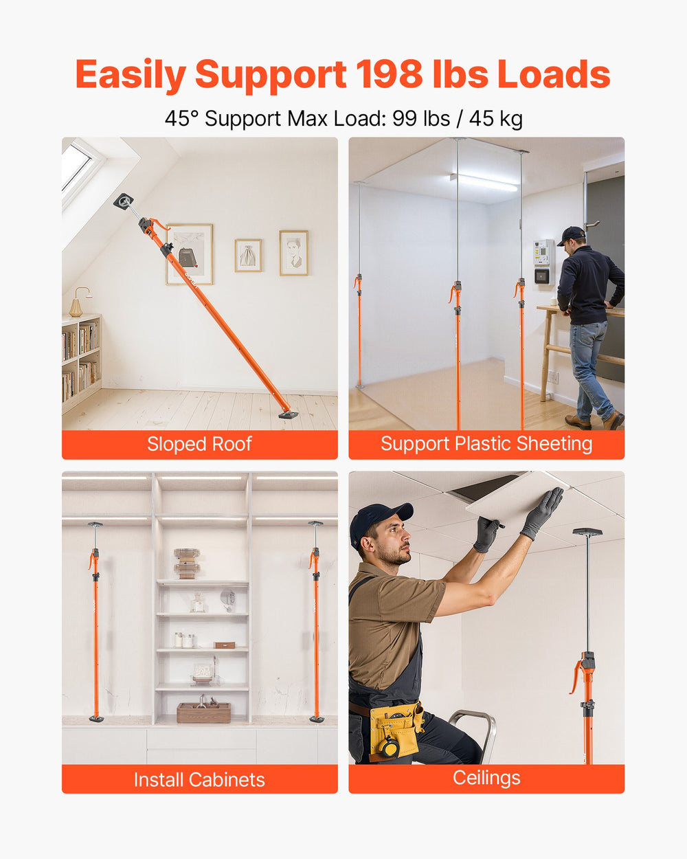 VEVOR Cabinet Jack Support Pole, 2-Pack, 125-291 cm Steel Telescopic Quick Support Rod, Adjustable 3rd Hand System up to 90 kg Capacity for Installing Cabinets, Lifting Drywall, Cargo Bars