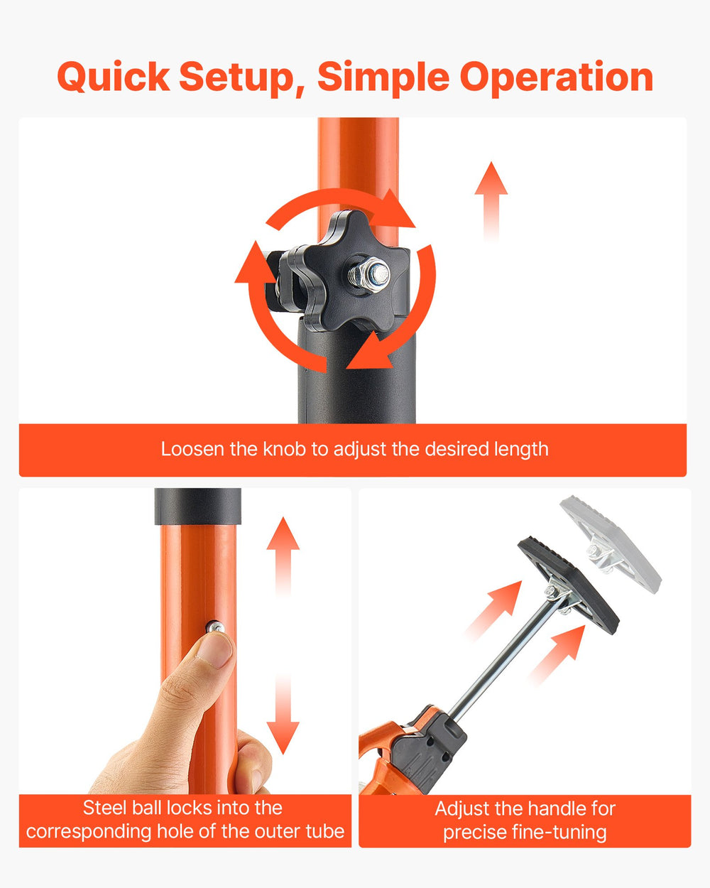 VEVOR Cabinet Jack Support Pole, 2-Pack, 125-291 cm Steel Telescopic Quick Support Rod, Adjustable 3rd Hand System up to 90 kg Capacity for Installing Cabinets, Lifting Drywall, Cargo Bars