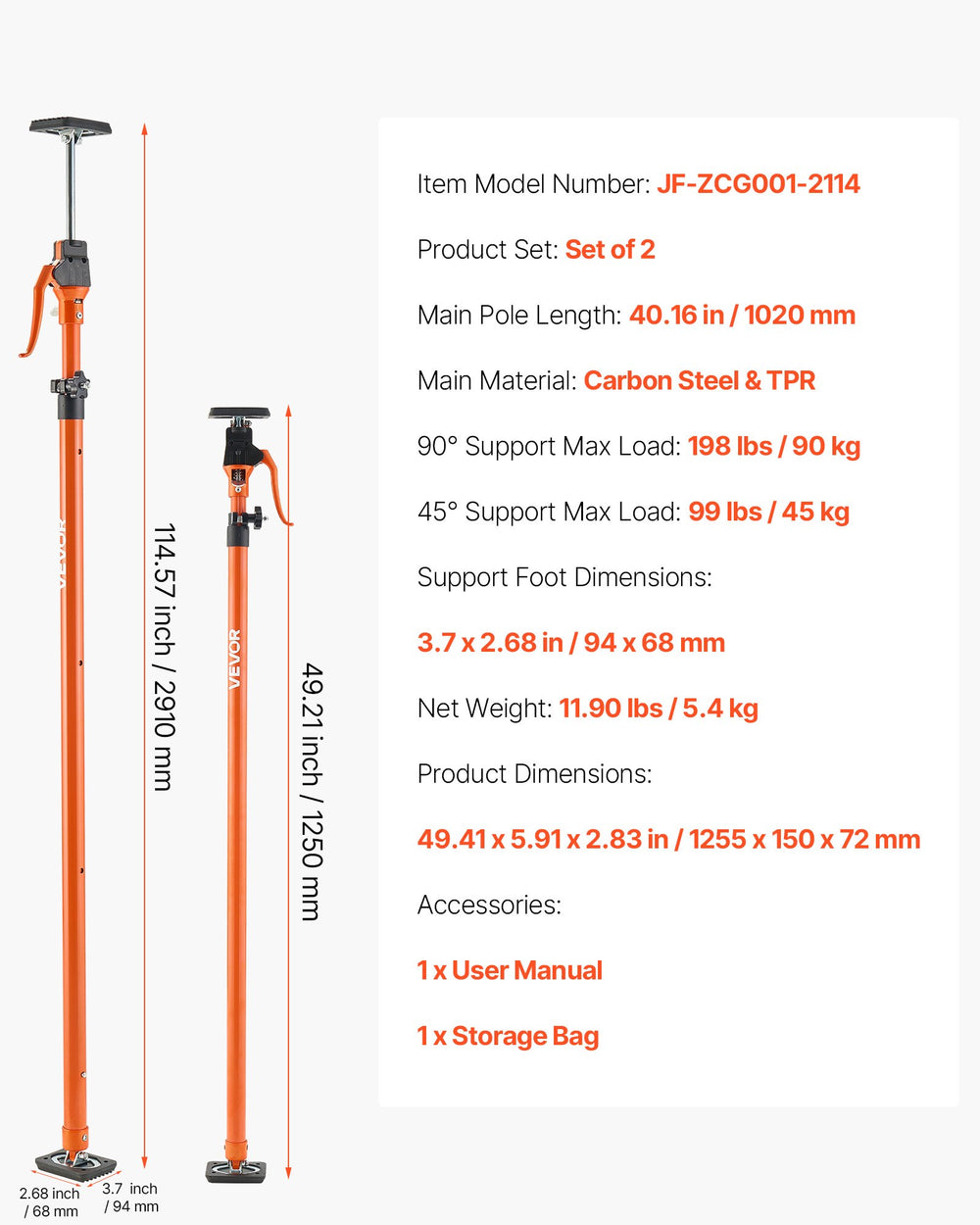 VEVOR Cabinet Jack Support Pole, 2-Pack, 125-291 cm Steel Telescopic Quick Support Rod, Adjustable 3rd Hand System up to 90 kg Capacity for Installing Cabinets, Lifting Drywall, Cargo Bars