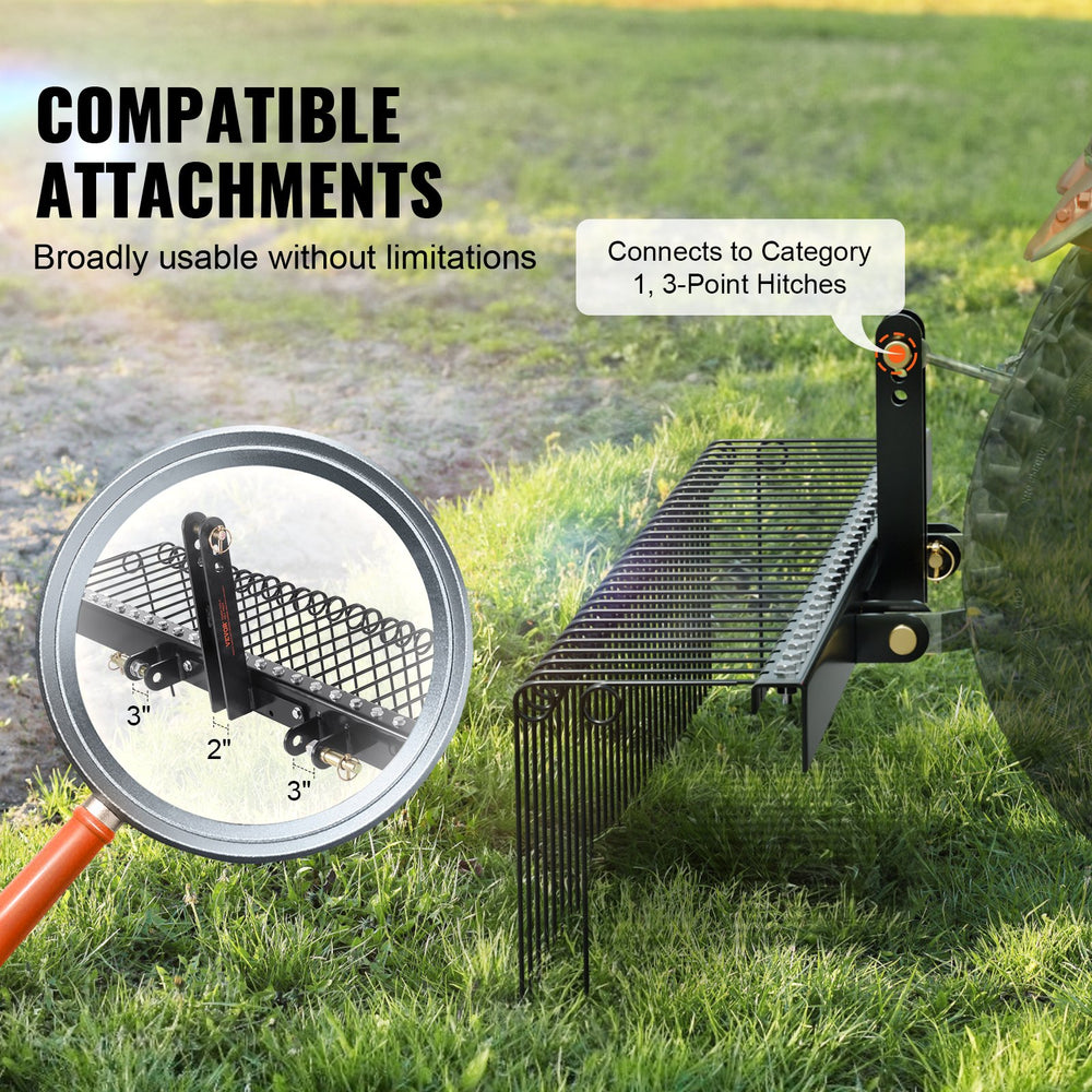 VEVOR Tow Behind Landscape Rake 72"/183 cm Lawn Dethatcher Rake with 32 Steel Tines
