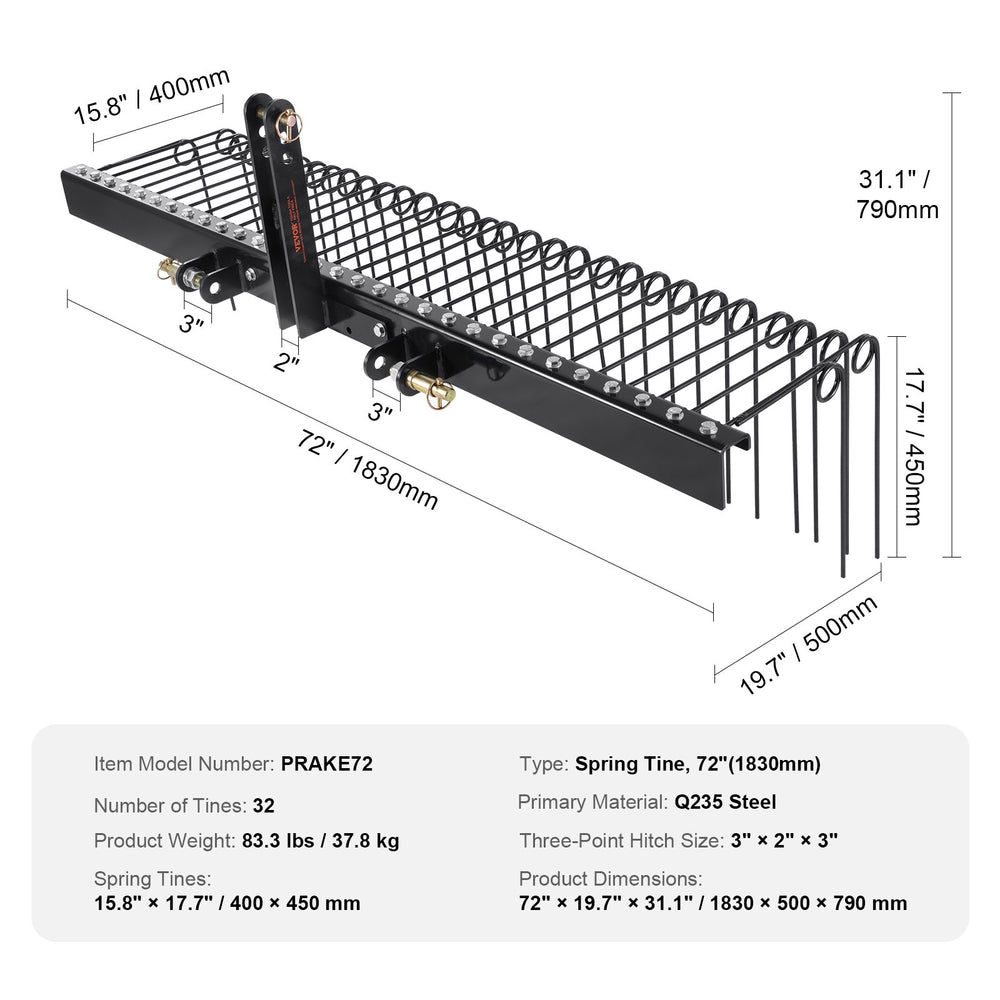 VEVOR Tow Behind Landscape Rake 72"/183 cm Lawn Dethatcher Rake with 32 Steel Tines