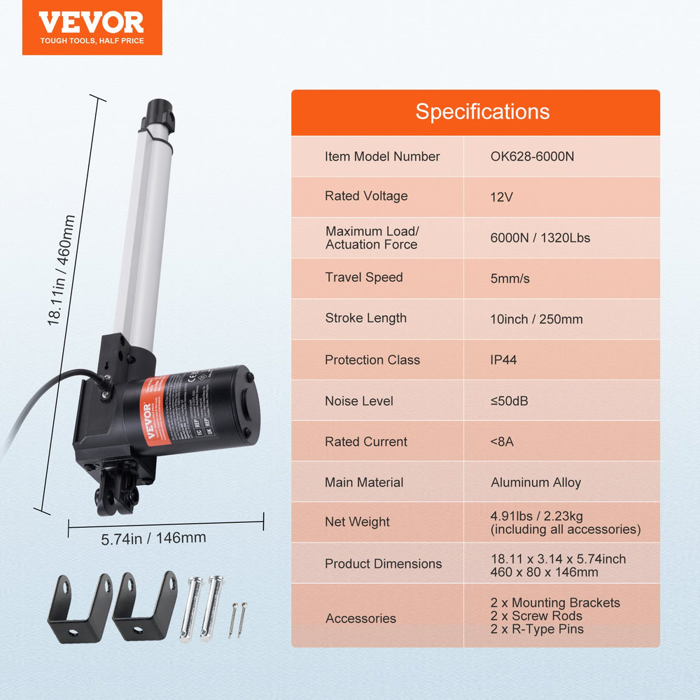 VEVOR Linear Actuator 12V 25.4 cm Heavy Duty 598.7 kg/6000N 0.5 cm/s IP44 Protection