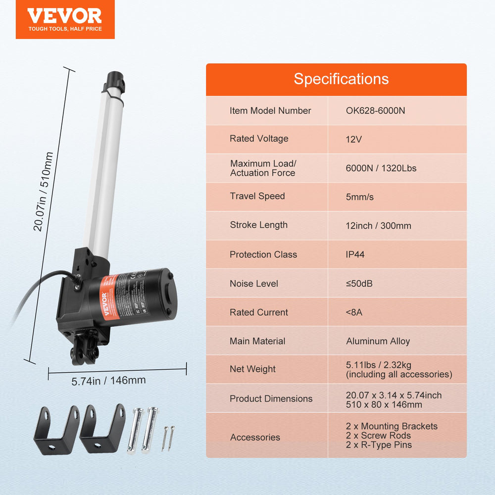 VEVOR Linear Actuator 12V 300 mm Heavy Duty 6000N 5mm/s IP44 Protection