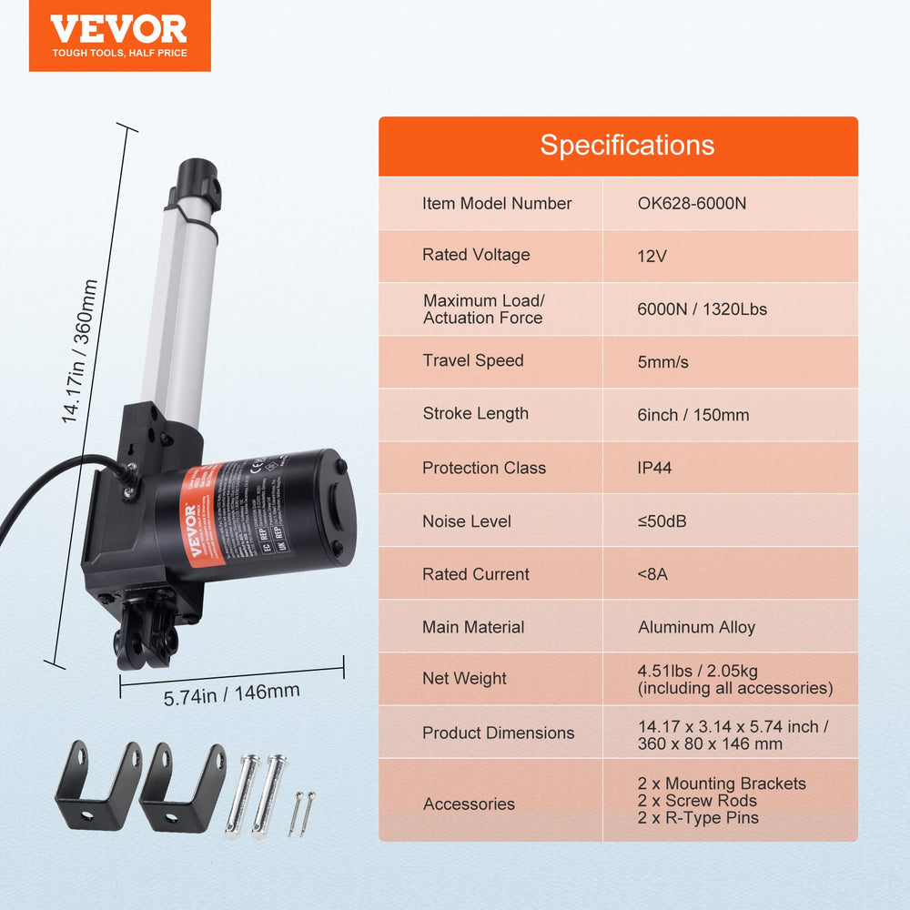 VEVOR Linear Actuator 12V 15.2 cm Heavy Duty 598.8 kg/6000N 0.5 cm/s IP44 Protection