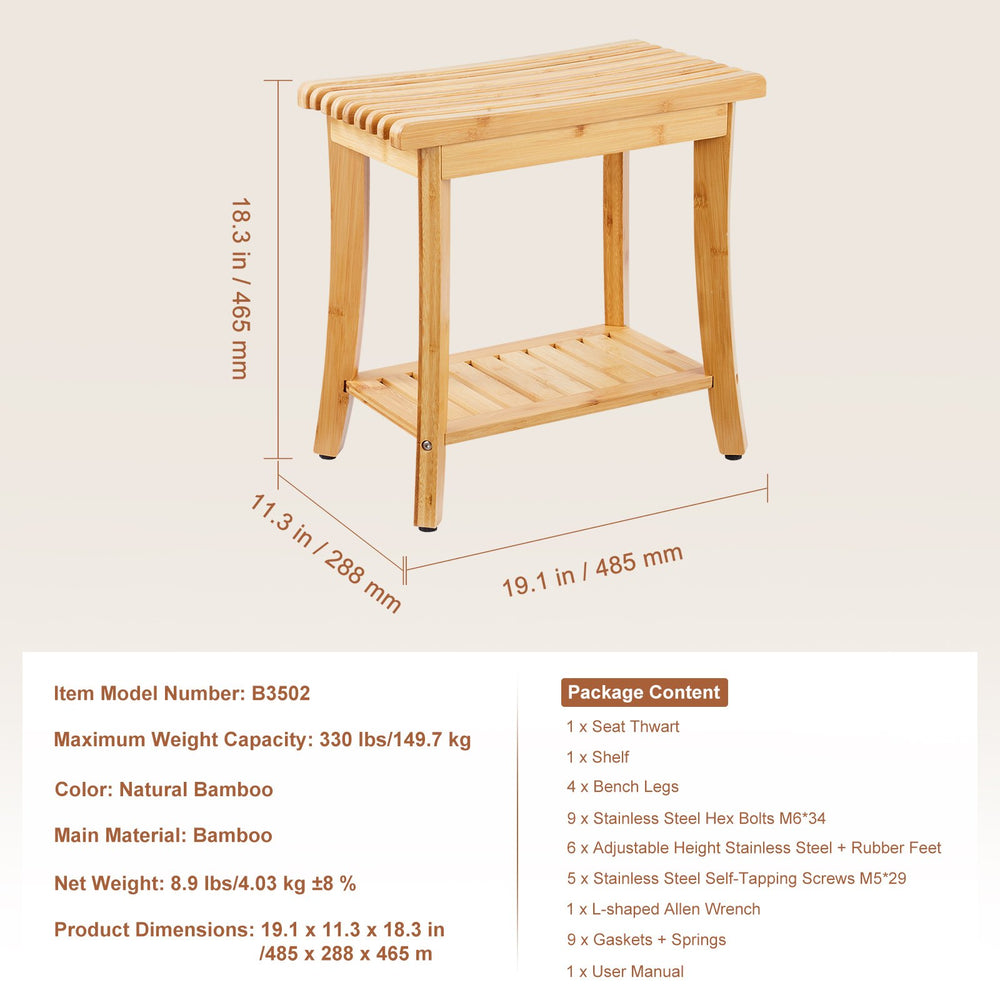VEVOR Bamboo Shower Bench 48.5 x 28.7 x 46.5 cm Shower Stool Chair for Bathroom