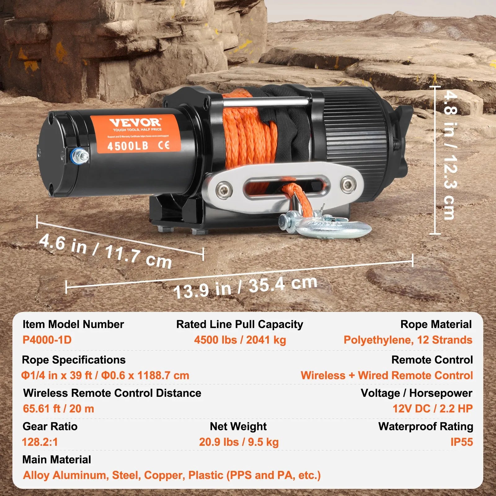 VEVOR elektriskā vinča ATV/UTV 2041,2 kg, sintētiskā trose, ūdensizturīga, tālvadība