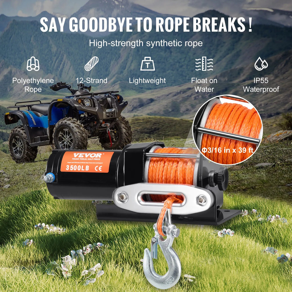 VEVOR Electric Winch ATV/UTV 3500 lbs Synthetic Rope Waterproof Wired Control
