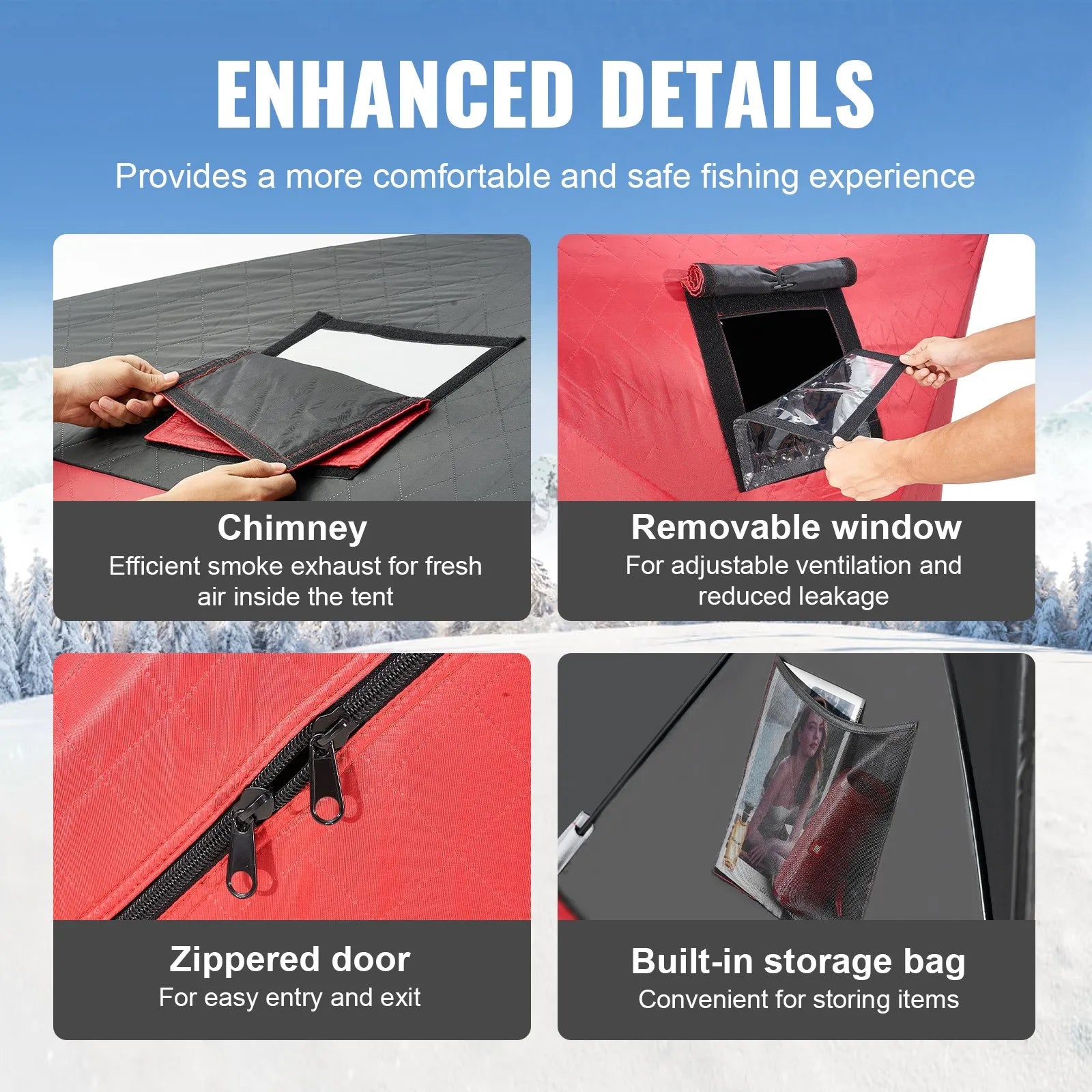 VEVOR pārnēsājama ledus makšķerēšanas telts, 3–4 personām, siltināta pop-up tipa, 35 ft² (≈3,25 m²) makšķerējamā platība, 180 × 180 cm, sarkana