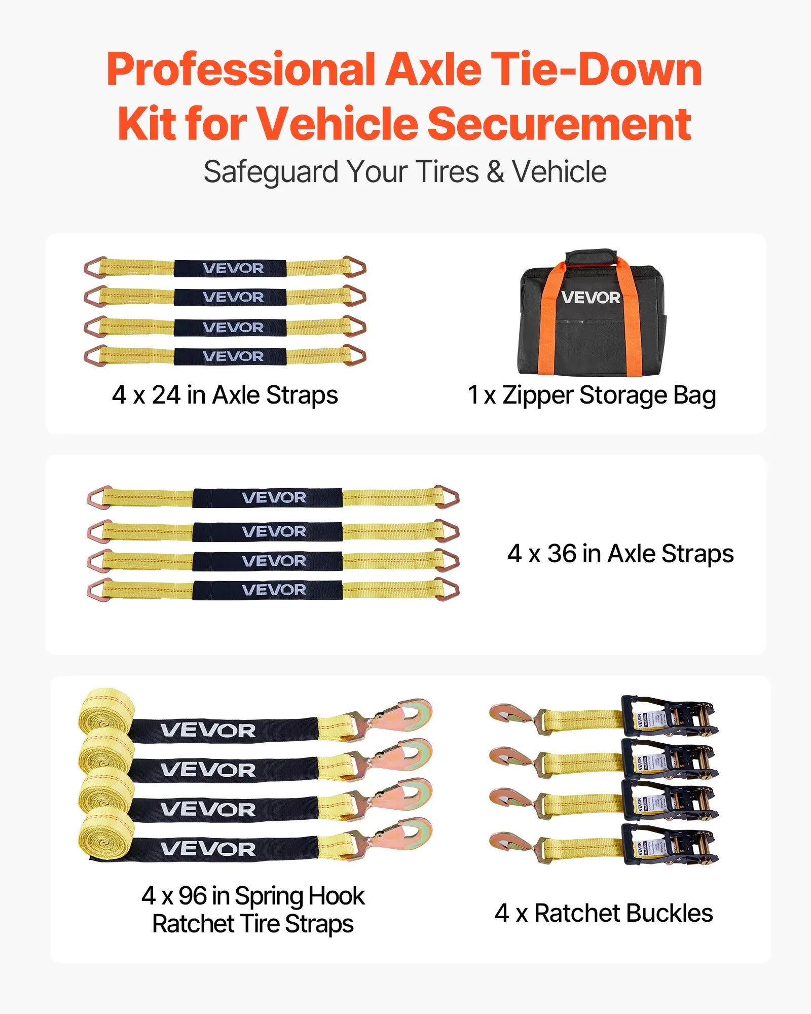 VEVOR riteņu fiksācijas un nostiprināšanas komplekts, ass tipa piekabes nostiprināšanas siksnas, auto nostiprināšanas komplekts ar pārrāvuma slodzi 4540 kg, darba slodzi 1512 kg, sprūdrata siksnas ATV, UTV un lieljaudas pikapiem