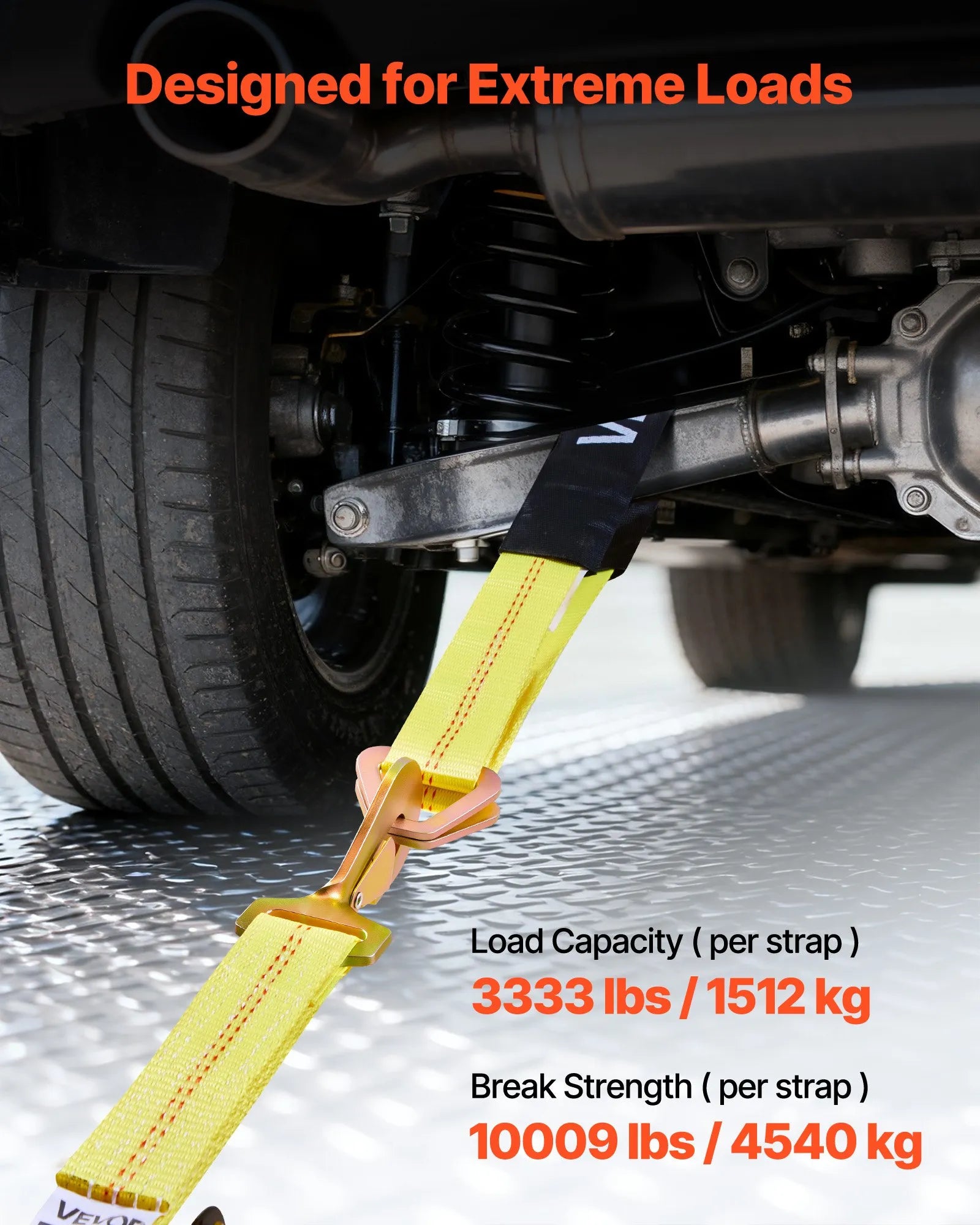 VEVOR riteņu fiksācijas un nostiprināšanas komplekts, ass tipa piekabes nostiprināšanas siksnas, auto nostiprināšanas komplekts ar pārrāvuma slodzi 4540 kg, darba slodzi 1512 kg, sprūdrata siksnas ATV, UTV un lieljaudas pikapiem