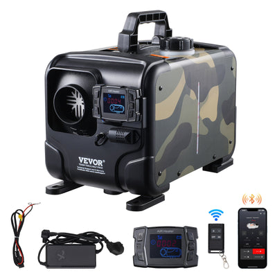 VEVOR 5–8 kW Dīzeļa Sildītājs CAMO (12V/24V, viss vienā) Ar Bluetooth lietotni, tālvadību un displeju, Strāvas pārveidotāju uz 220V.