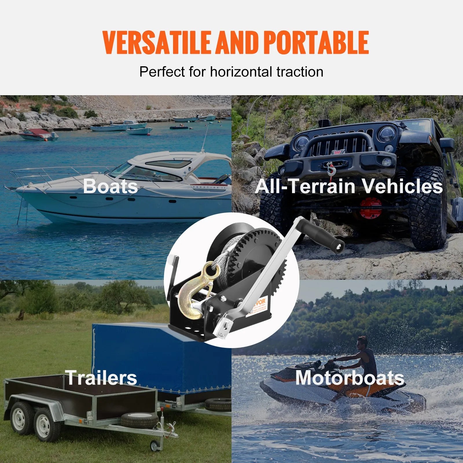 VEVOR rokas vinča, 1587,6 kg vilkšanas jauda, laivas piekabes vinča ar izturīgu troses kloķi, 1005,8 cm tērauda trosi un divvirzienu sprūdratu, manuāli darbināma vinča piekabēm, laivām vai ATV vilkšanai