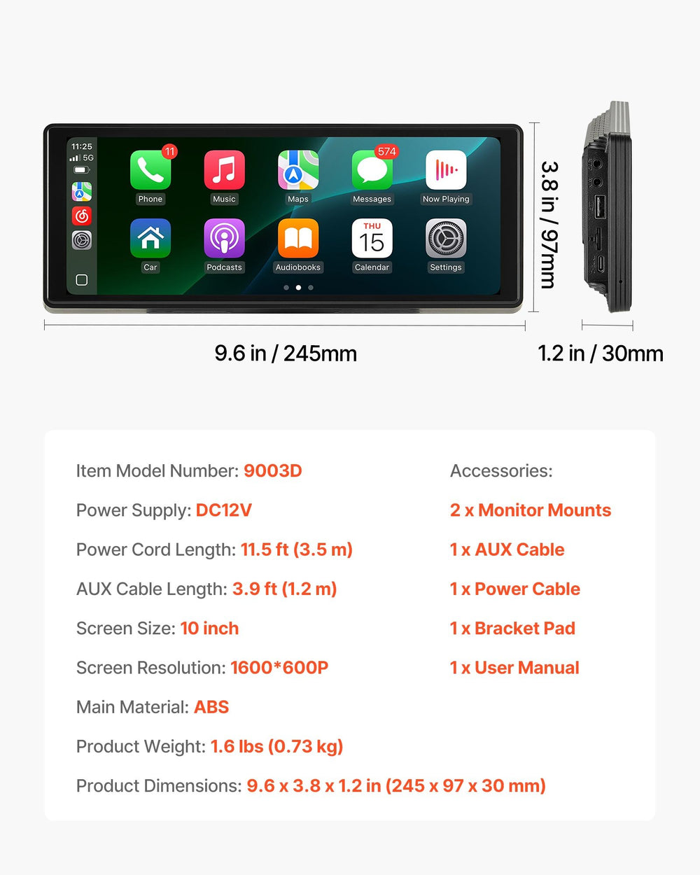 Auto ekrāns ar Apple CarPlay un Android Auto (25,4 cm)