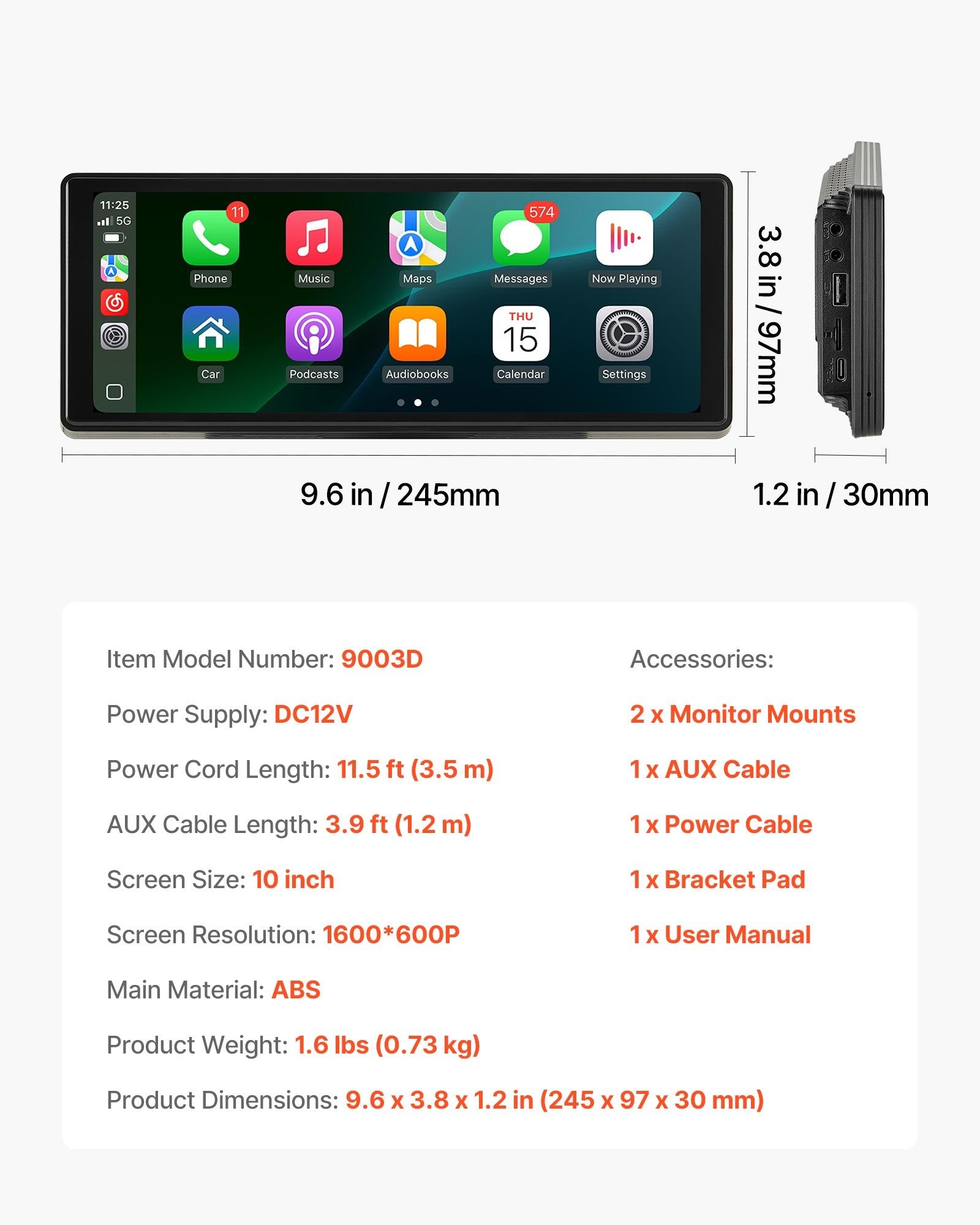 VEVOR Bezvadu auto stereo sistēma, 254 mm HD portatīvais radio ar skārienekrānu