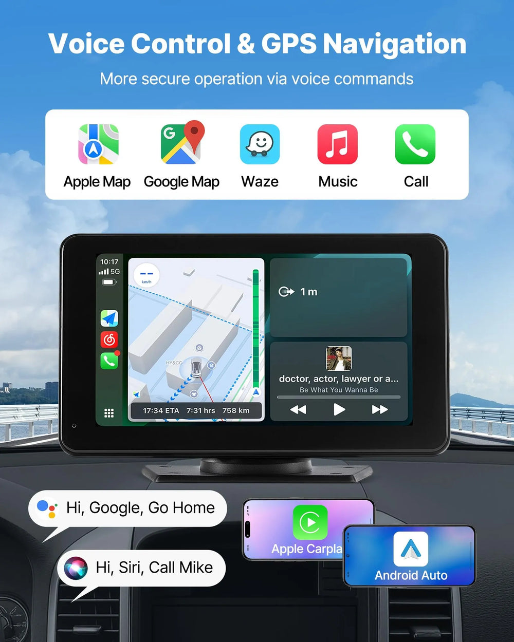 Auto ekrāns ar Apple CarPlay & Android Auto (17,7 cm) + aizmugurējās kameras atbalsts