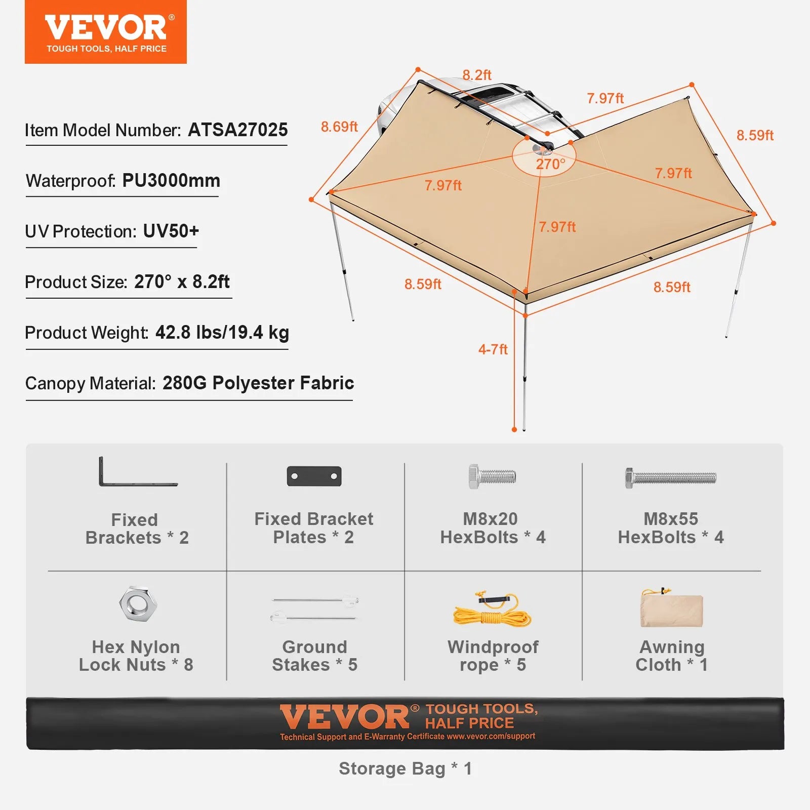 VEVOR 270° Transportlīdzekļa Markīze – 2,5 m augstums, PU3000 mm, UV50+