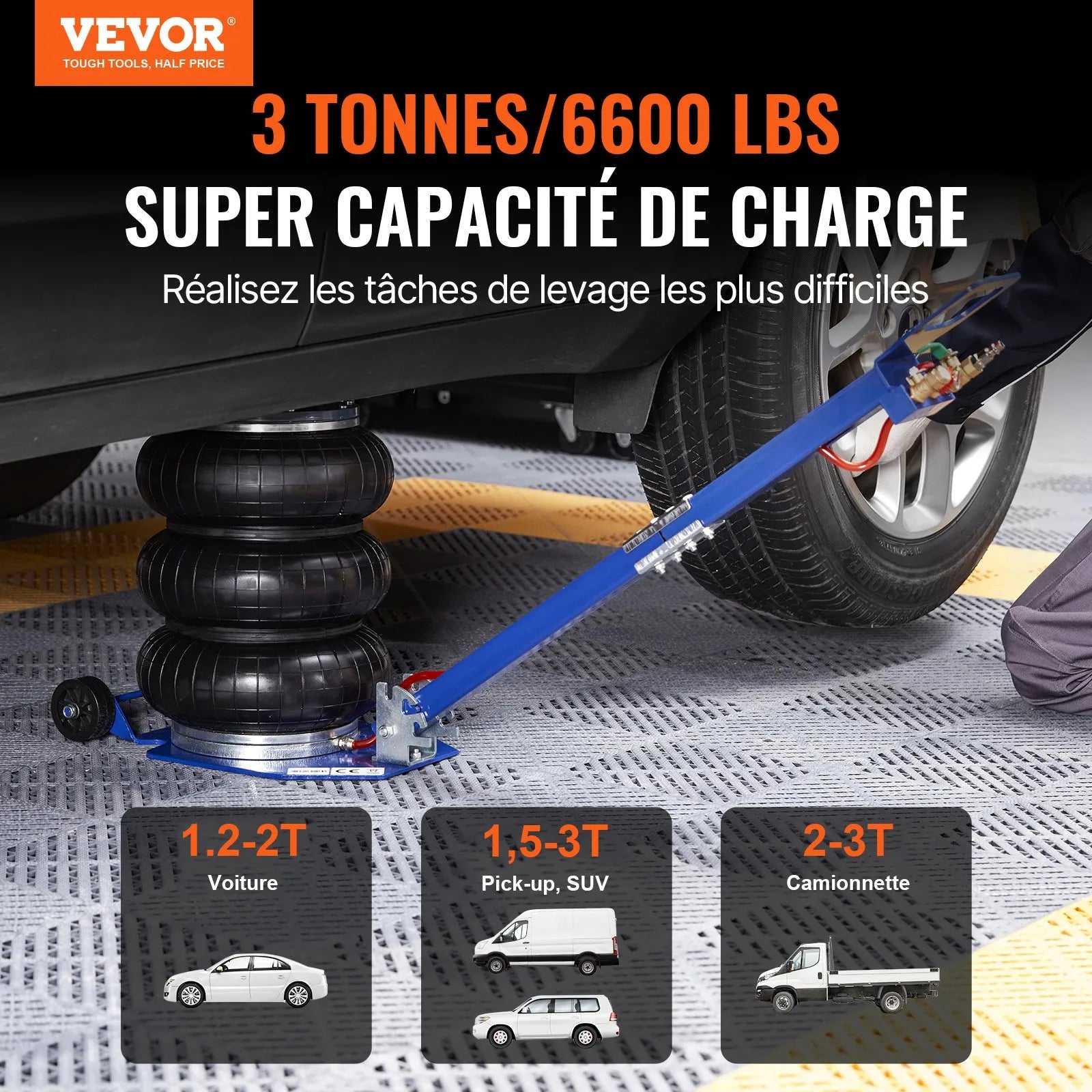 VEVOR gaisa domkrats 3T / 3000 kg – trīskāršais gaisa spilvenu domkrats (zilā krāsā)