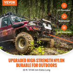 VEVOR kinētiskā vilkšanas/atbrīvošanas trose 7/8″ (2,2 cm) × 30′ (9,1 m), 13 876,4 kg, lieljaudas bezceļu “snatch” siksna ar 2 mīkstajām šaklēm (18 927,5 kg), kravas automašīnām (18 927,5 kg), 30 % U, elastība, traktori, ATV, auto, traktori TV, ATV