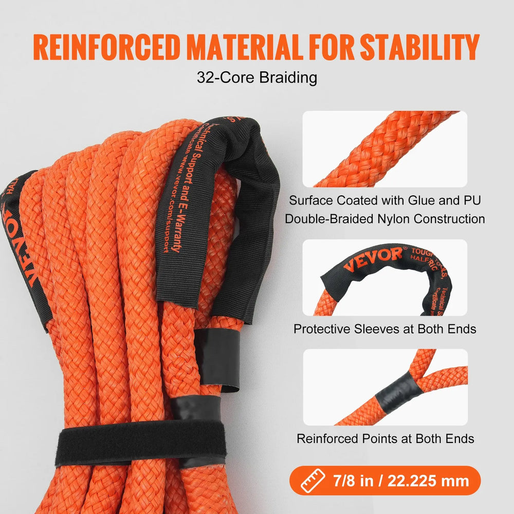 VEVOR kinētiskā vilkšanas/atbrīvošanas trose 7/8″ (2,2 cm) × 30′ (9,1 m), 13 876,4 kg, lieljaudas bezceļu “snatch” siksna ar 2 mīkstajām šaklēm (18 927,5 kg), kravas automašīnām (18 927,5 kg), 30 % U, elastība, traktori, ATV, auto, traktori TV, ATV