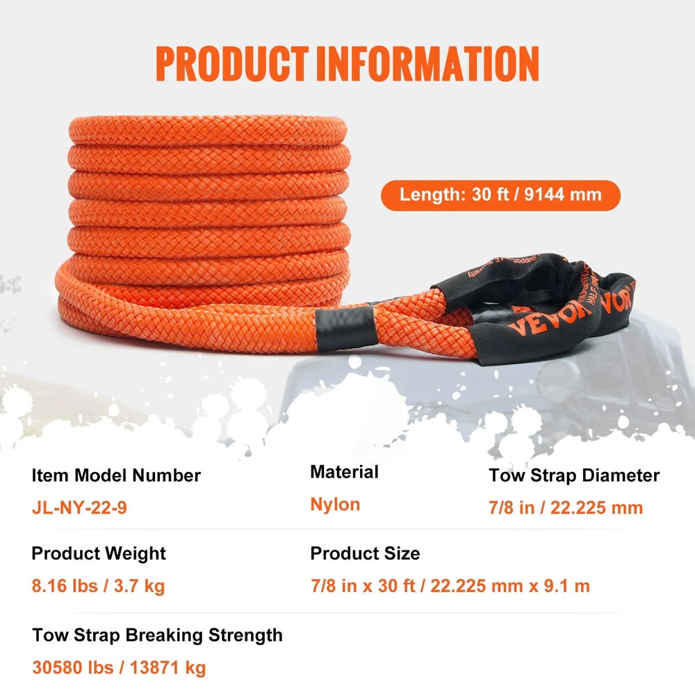 VEVOR kinētiskā vilkšanas/atbrīvošanas trose 7/8″ (2,2 cm) × 30′ (9,1 m), 13 876,4 kg, lieljaudas bezceļu “snatch” siksna ar 2 mīkstajām šaklēm (18 927,5 kg), kravas automašīnām (18 927,5 kg), 30 % U, elastība, traktori, ATV, auto, traktori TV, ATV