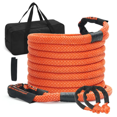 VEVOR kinētiskā vilkšanas/atbrīvošanas trose 7/8″ (2,2 cm) × 30′ (9,1 m), 13 876,4 kg, lieljaudas bezceļu “snatch” siksna ar 2 mīkstajām šaklēm (18 927,5 kg), kravas automašīnām (18 927,5 kg), 30 % U, elastība, traktori, ATV, auto, traktori TV, ATV