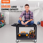 VEVOR Utility Service Cart, 2 Shelf 249.5 kg Heavy Duty Plastic Rolling Utility Cart with 360° Swivel Wheels (2 with Brakes), Large Lipped Shelf, Ergonomic Storage Handle for Warehouse/Garage/Cleaning