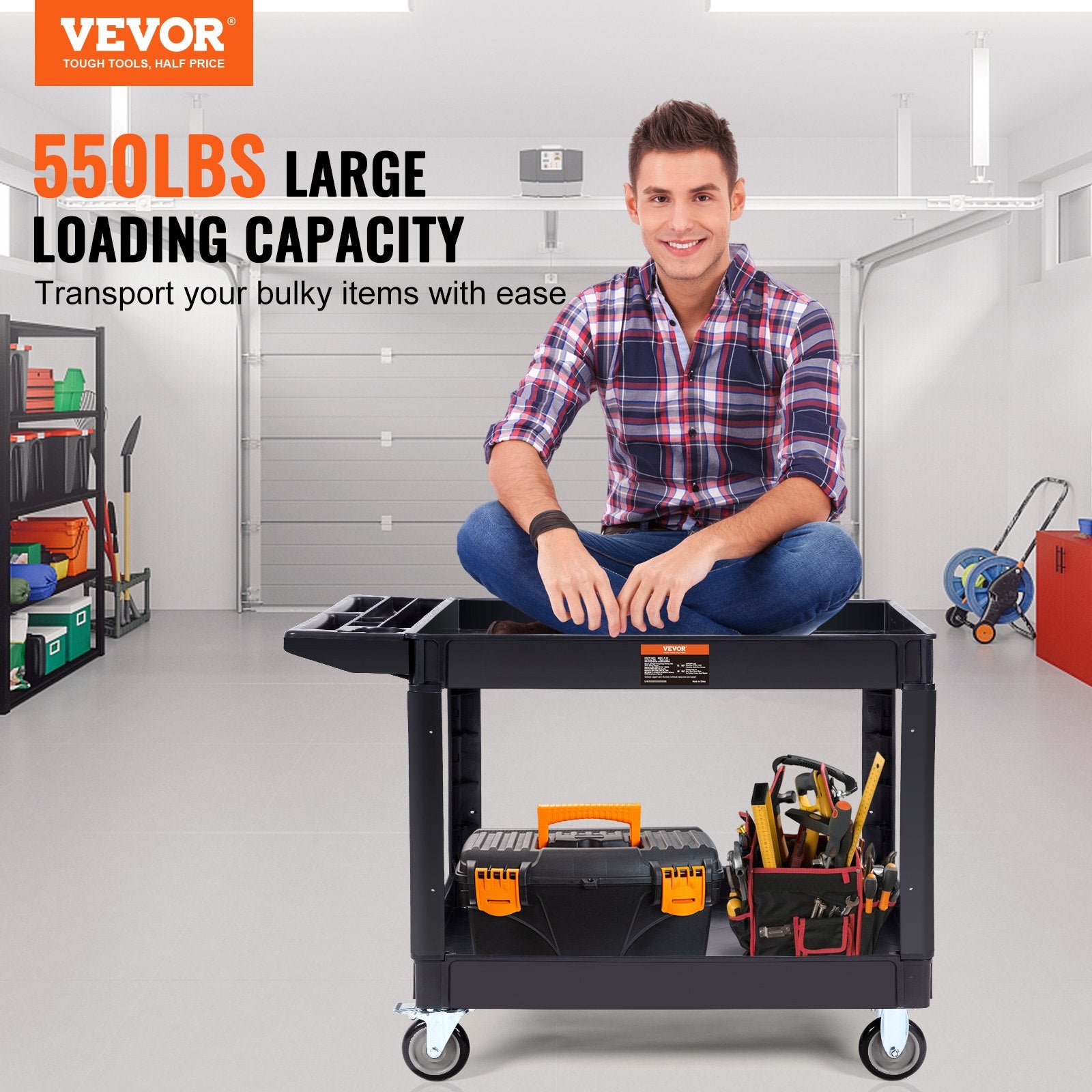 VEVOR Utility Service Cart, 2 Shelf 249.5 kg Heavy Duty Plastic Rolling Utility Cart with 360° Swivel Wheels (2 with Brakes), Large Lipped Shelf, Ergonomic Storage Handle for Warehouse/Garage/Cleaning