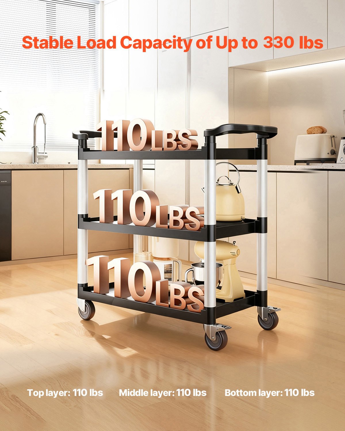 VEVOR Utility Cart, 500 lbs Load Capacity, 3-tier Utility Plastic Cart with 360° Swivel Wheels (2 with Brakes), 31.1 x 19.3-inch Food Service Cart for Warehouse, Office, Home, Restaurant, Kitchen