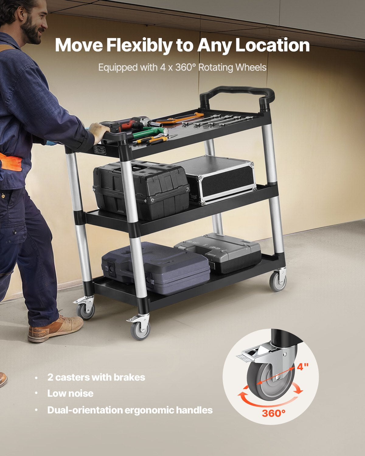 VEVOR Utility Cart, 500 lbs Load Capacity, 3-tier Utility Plastic Cart with 360° Swivel Wheels (2 with Brakes), 31.1 x 19.3-inch Food Service Cart for Warehouse, Office, Home, Restaurant, Kitchen