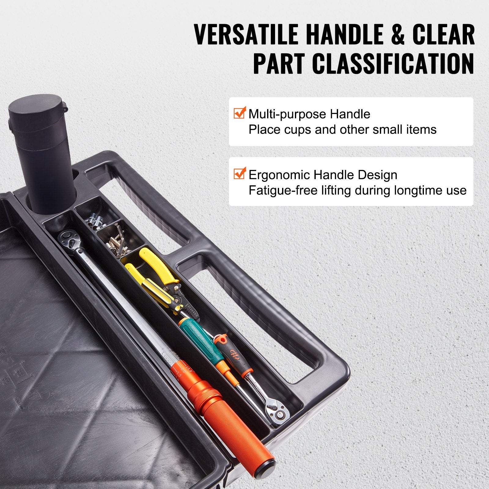 VEVOR Utility Service Cart, 2 Shelf 249.5 kg Heavy Duty Plastic Rolling Utility Cart with 360° Swivel Wheels (2 with Brakes), Large Lipped Shelf, Ergonomic Storage Handle for Warehouse/Garage/Cleaning
