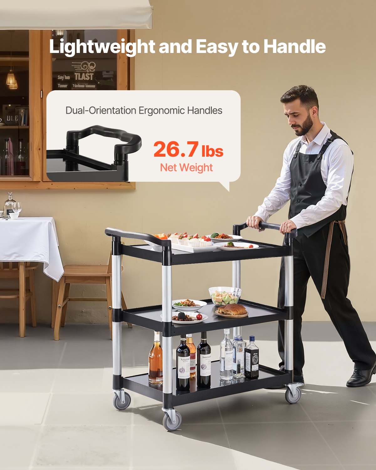 VEVOR Utility Cart, 500 lbs Load Capacity, 3-tier Utility Plastic Cart with 360° Swivel Wheels (2 with Brakes), 31.1 x 19.3-inch Food Service Cart for Warehouse, Office, Home, Restaurant, Kitchen