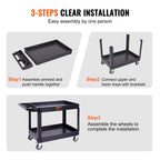 VEVOR Utility Service Cart, 2 Shelf 249.5 kg Heavy Duty Plastic Rolling Utility Cart with 360° Swivel Wheels (2 with Brakes), Large Lipped Shelf, Ergonomic Storage Handle for Warehouse/Garage/Cleaning