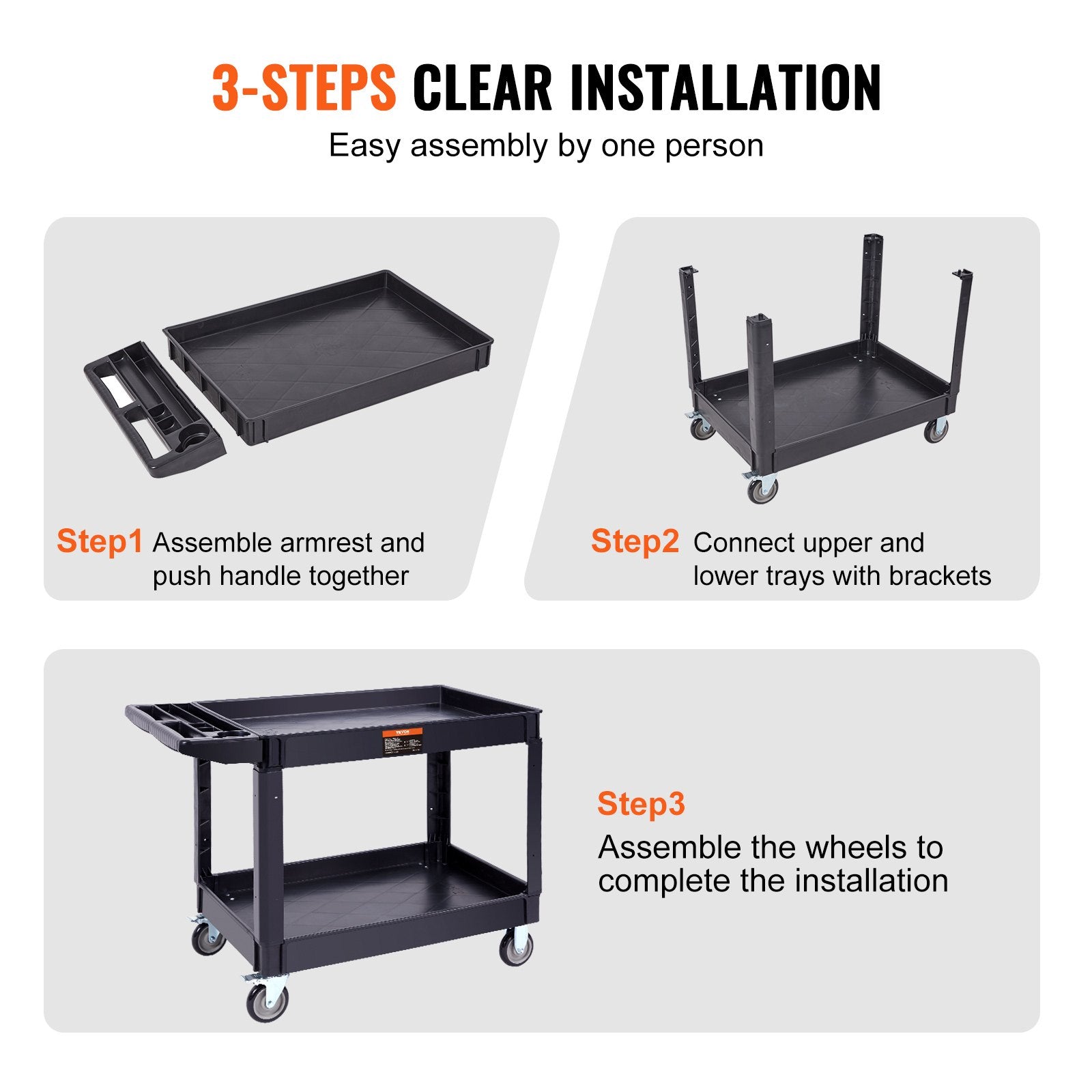 VEVOR Utility Service Cart, 2 Shelf 249.5 kg Heavy Duty Plastic Rolling Utility Cart with 360° Swivel Wheels (2 with Brakes), Large Lipped Shelf, Ergonomic Storage Handle for Warehouse/Garage/Cleaning