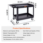 VEVOR Utility Service Cart, 2 Shelf 249.5 kg Heavy Duty Plastic Rolling Utility Cart with 360° Swivel Wheels (2 with Brakes), Large Lipped Shelf, Ergonomic Storage Handle for Warehouse/Garage/Cleaning