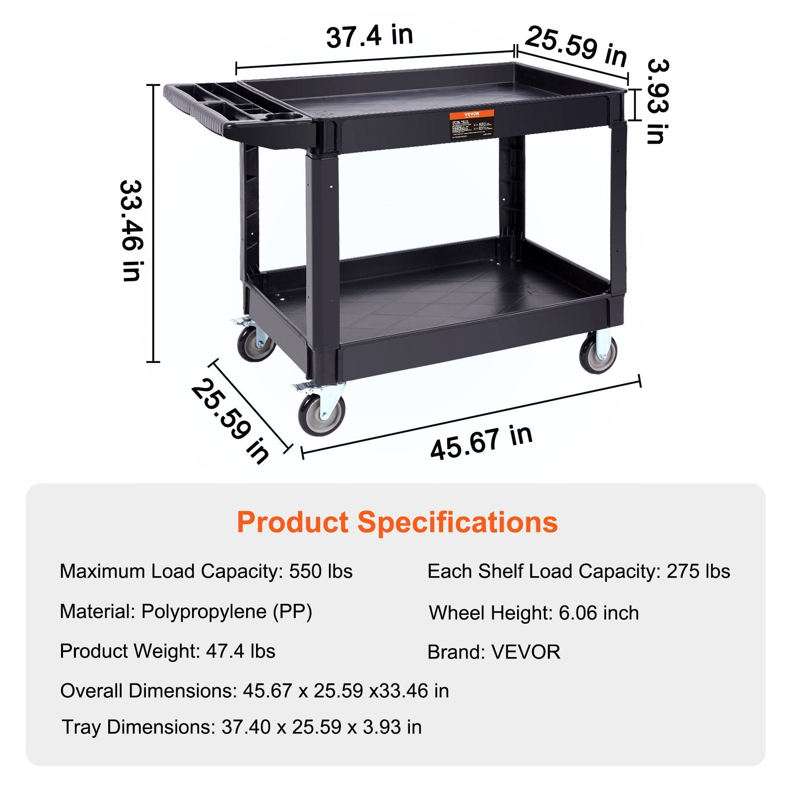 VEVOR Utility Service Cart, 2 Shelf 249.5 kg Heavy Duty Plastic Rolling Utility Cart with 360° Swivel Wheels (2 with Brakes), Large Lipped Shelf, Ergonomic Storage Handle for Warehouse/Garage/Cleaning